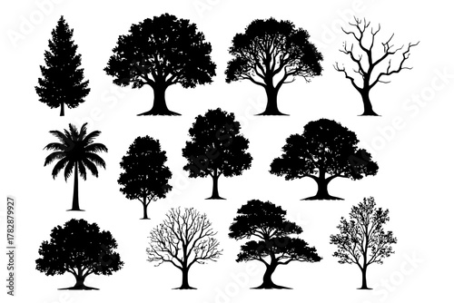Silhouette collection of diverse tree shapes and sizes.