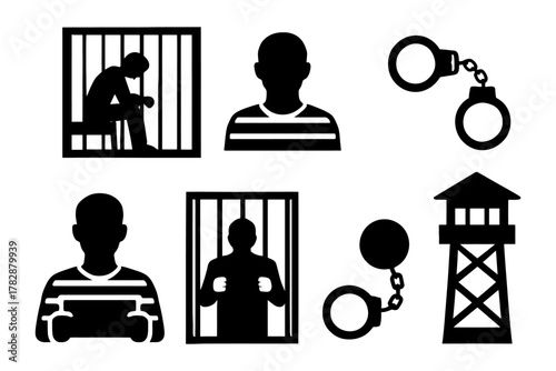 Prison icons: silhouettes of male inmates and prison elements in monochrome.