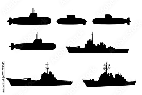 Silhouettes of submarines and battleships on white background.
