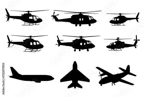 Silhouettes of helicopters and airplanes in various designs.