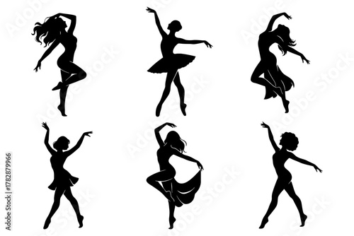 Silhouettes of female dancers in various graceful ballet poses.