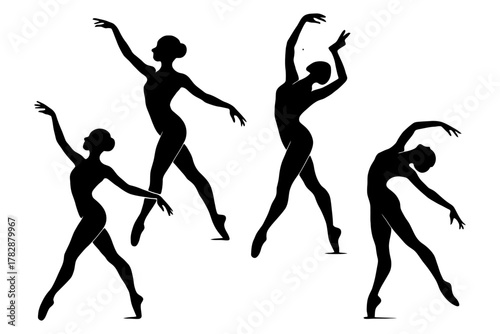 Silhouettes of female ballet dancers in graceful poses.