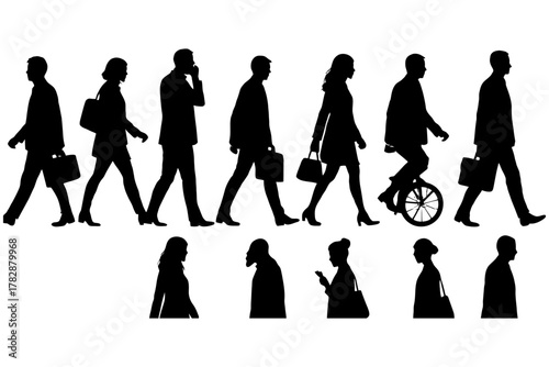 Silhouettes of diverse people walking and unicycling in profile.