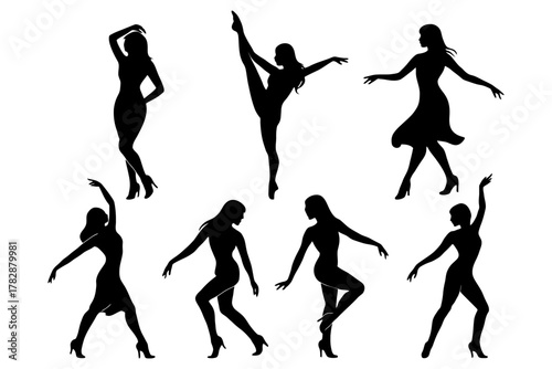 Silhouettes of female dancers in elegant poses.