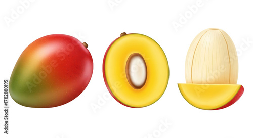 Vibrant mango fruit illustration with whole sliced and peeled variations against a transparent background