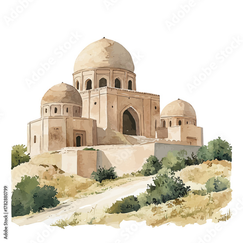 Kasubi Tombs, watercolor illustration vector, isolated on a white background.