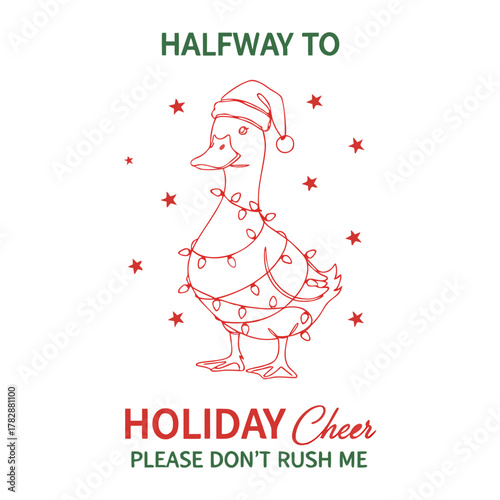 A minimalist holiday illustration with a white
background featuring a simple line drawing of a duck wearing a Santa hat and wrapped in Christmas lights