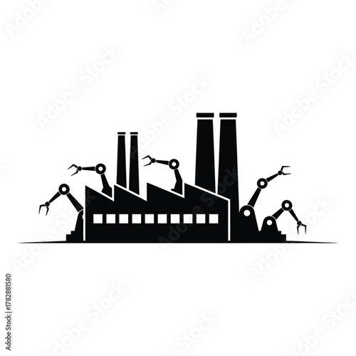 Automated factory illustration with robotic arms and manufacturing plant elements