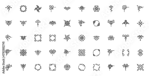 Floral Design icon set. Botanical vector illustratios. Featuring leaves, dandeion, daisy, maple leaf, hyrangea, lotus, water lily,rose, bluebell and gingko.