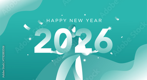 Happy New Year 2026 celebration with abstract figure and confetti on a vibrant teal background, symbolizing a fresh start.
