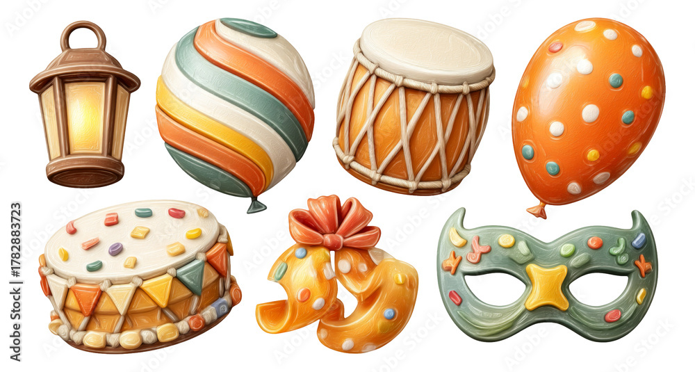 Fototapeta premium Colorful Party Items with Balloons, Drums, Lanterns, and Festive Decorations