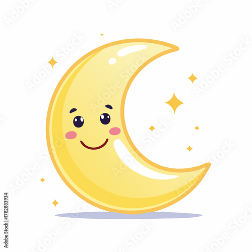 Adorable crescent moon character smiling sweetly with twinkling stars, perfect for children's books, educational materials, or bedtime stories, conveying peacefulness