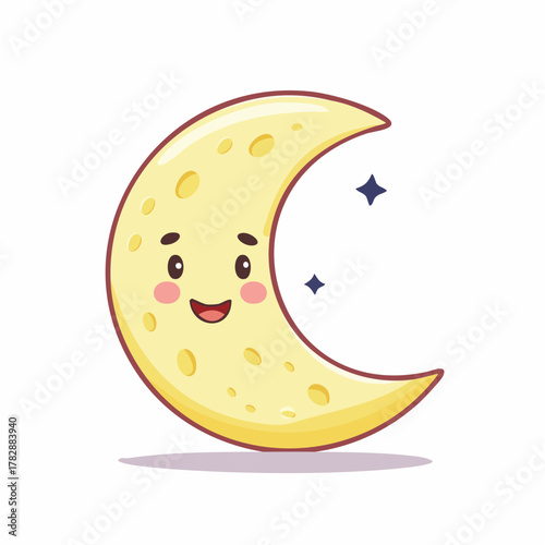 Adorable crescent moon character smiling with twinkling stars, perfect for children's books, bedtime stories, and educational materials, originally a vector graphic