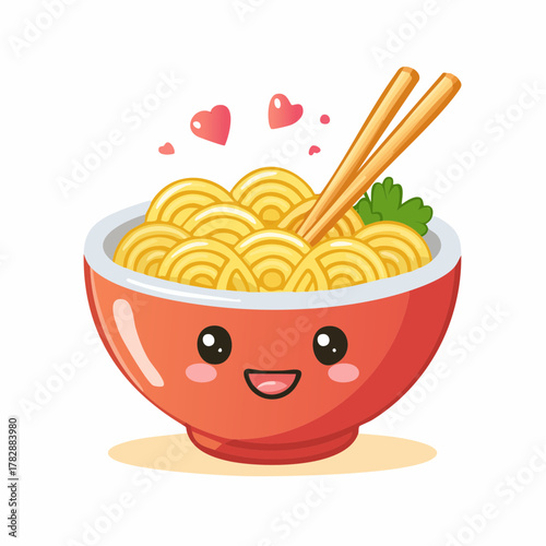 Adorable kawaii noodle bowl with hearts, perfect for food blogs, cute menus, and playful branding that spreads joy and appetite appeal, vector origin