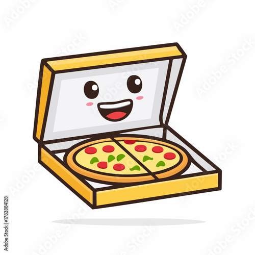Adorable pizza box character brings fun to mealtime, perfect for restaurant ads or kids' menus, sure to bring smiles to viewers with its charm