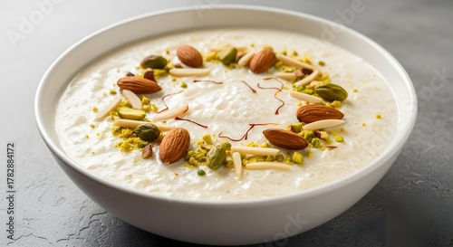 A bowl of creamy rice pudding or dessert is topped with almonds, pistachios, and saffron strands.