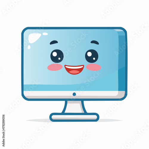 Adorable cartoon computer with happy smiling face offers playful tech vibes, ideal for engaging children's content and playful marketing materials