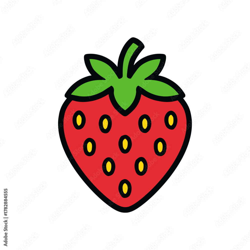 Fototapeta premium Bright red strawberry clipart with green leafy top on white background.