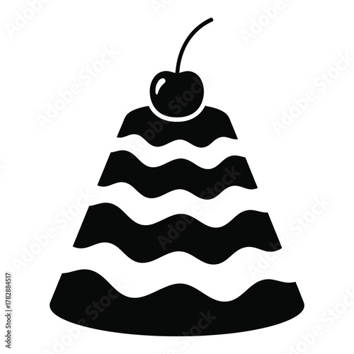Black and White Dessert Icon Illustration with Cherry Topping on Top