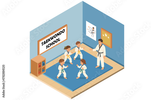 Isometric Taekwondo School for Kids Vector Illustration
