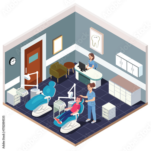 Isometric Dentist Office Vector Illustration