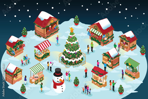 Isometric Christmas Winter Market Vector Illustration
