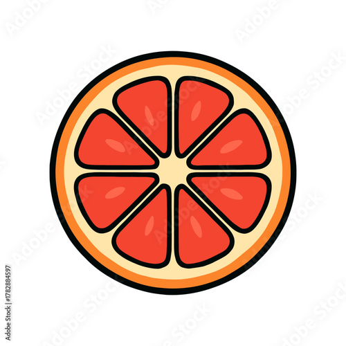 Vibrant slice of fresh grapefruit with juicy segments on white background.