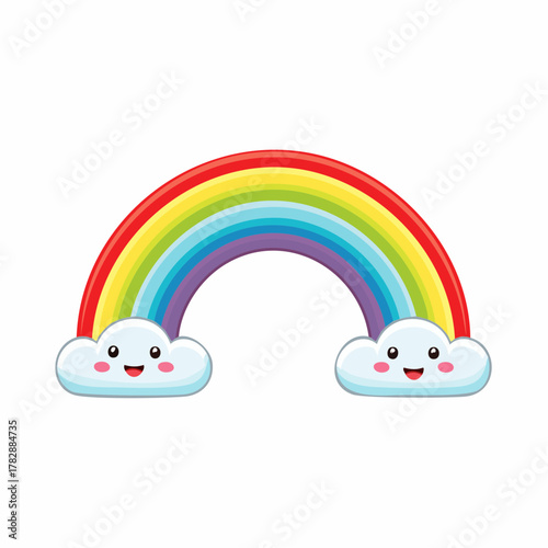 Whimsical rainbow arches with smiling cloud friends, radiating joy and cheer, perfect for children's designs, bringing smiles and happiness to any project