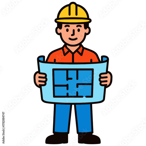 Cartoon male construction worker with blueprint and yellow hard hat.