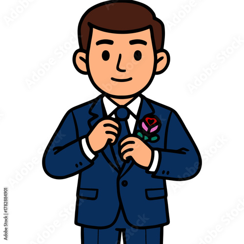 Cartoon male figure in blue suit adjusting tie with rose boutonniere.