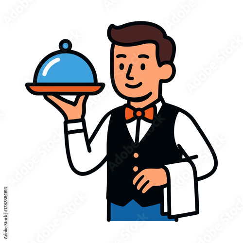 Male cartoon waiter serving dish with towel and bow tie.