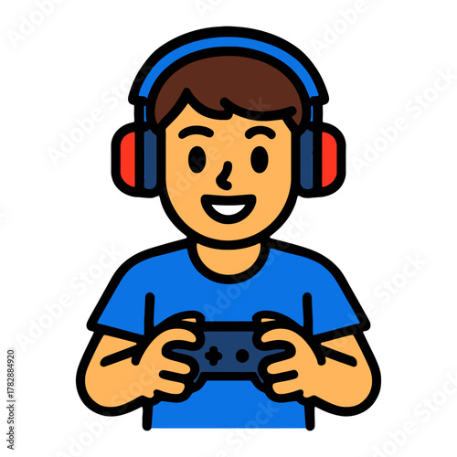 Young caucasian male gamer wearing headphones and playing video game.