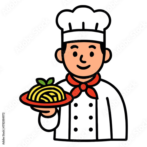 Smiling male chef holding plate of spaghetti.