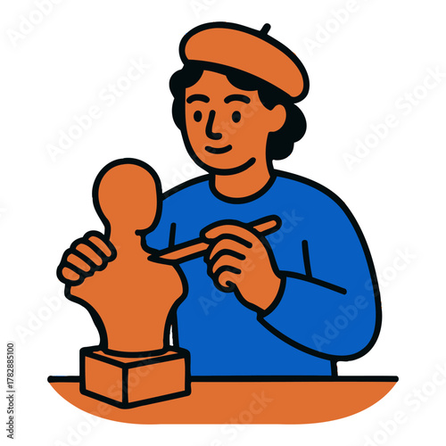 Cartoon artist sculpting bust with beret and chisel.