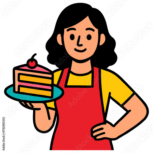 Smiling female baker holding cake on plate with cherry topping.