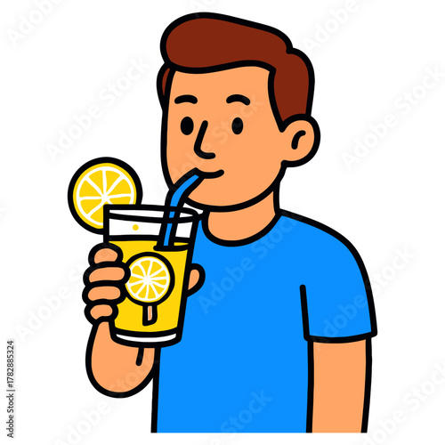 Young caucasian male drinking lemonade from a glass with straw and lemon slice.