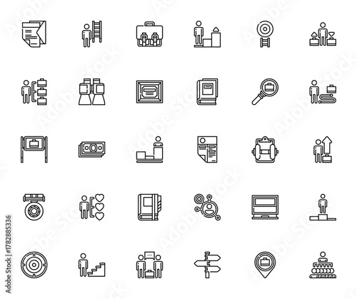 Career Path icon set. Vector illustration. Minimal lne icons pack. Includes sybols for job search, ladde, briefcase, growth, interiew, salary, resume, goalsand more.