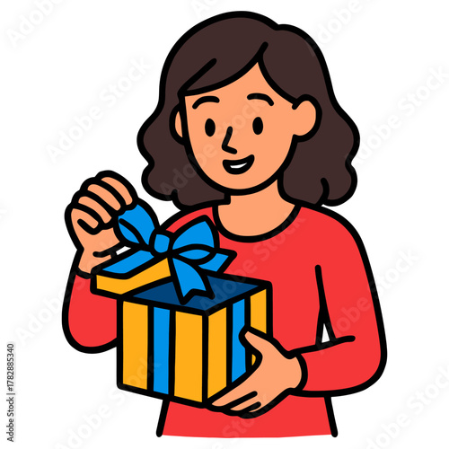 Asian female adult smiling with gift box in red shirt.