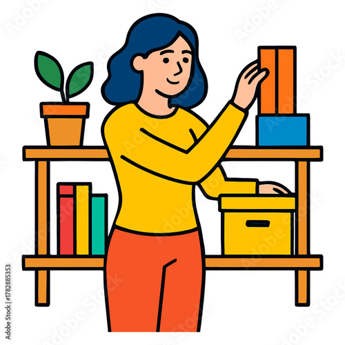 Young hispanic female organizing colorful shelf with books and boxes.