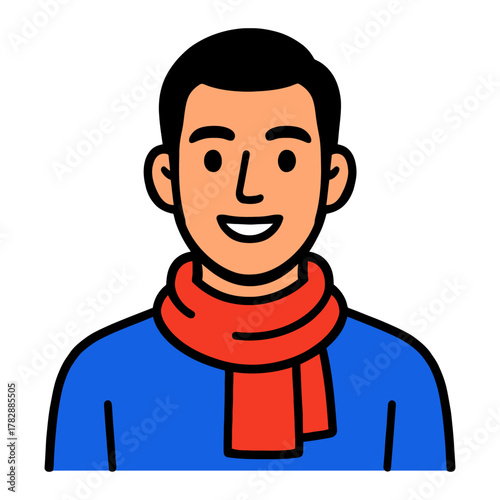 Smiling male avatar in blue shirt with red scarf.