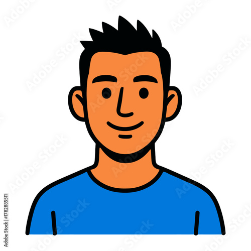 Smiling young male character with black hair in blue shirt illustration.