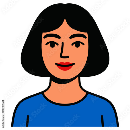 Smiling asian female character with short black hair in blue shirt.
