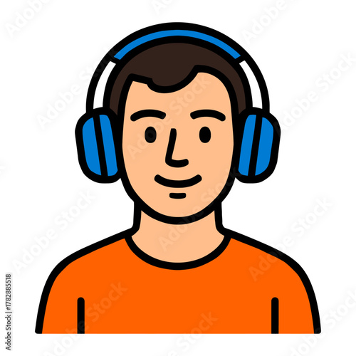 Young caucasian male listening to music with blue headphones.