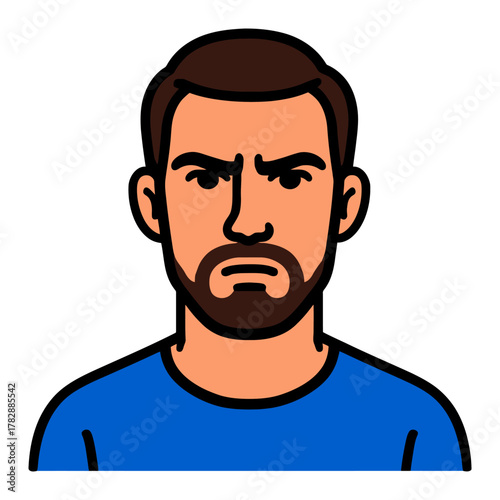 Illustration of caucasian male with beard and serious expression.
