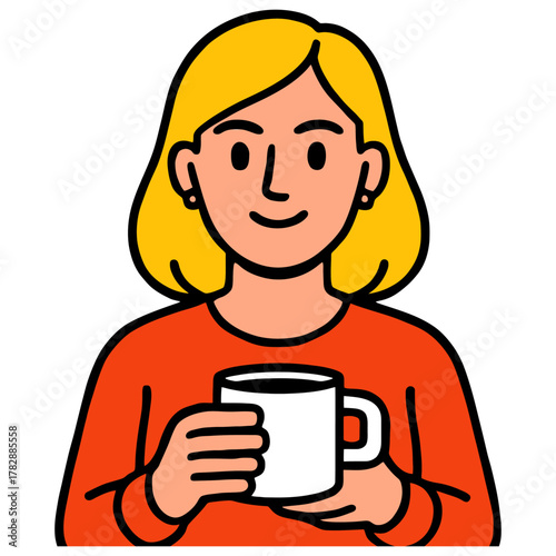 Cartoon woman with blonde hair and red sweater holding a coffee mug.