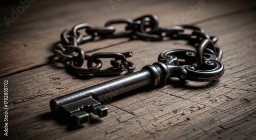 An old, ornate skeleton key with a broken chain resting on a rustic wooden surface.