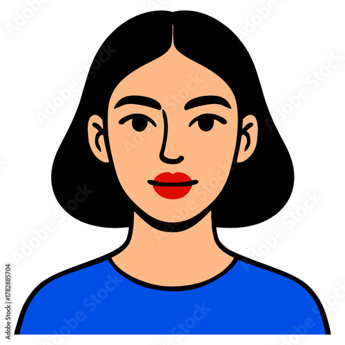 Asian young female with black hair wearing blue shirt smiling.