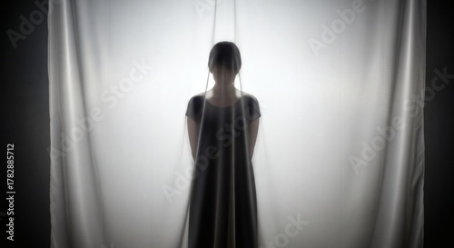 A silhouette of a person standing behind a translucent white curtain, illuminated from behind.