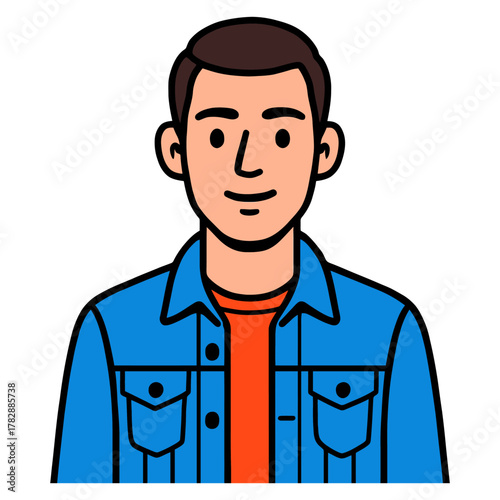 Smiling young male character in casual denim jacket illustration.