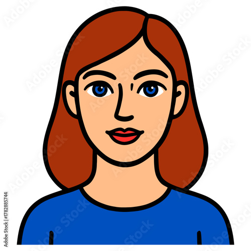 Illustrated young caucasian female with red hair and blue eyes.